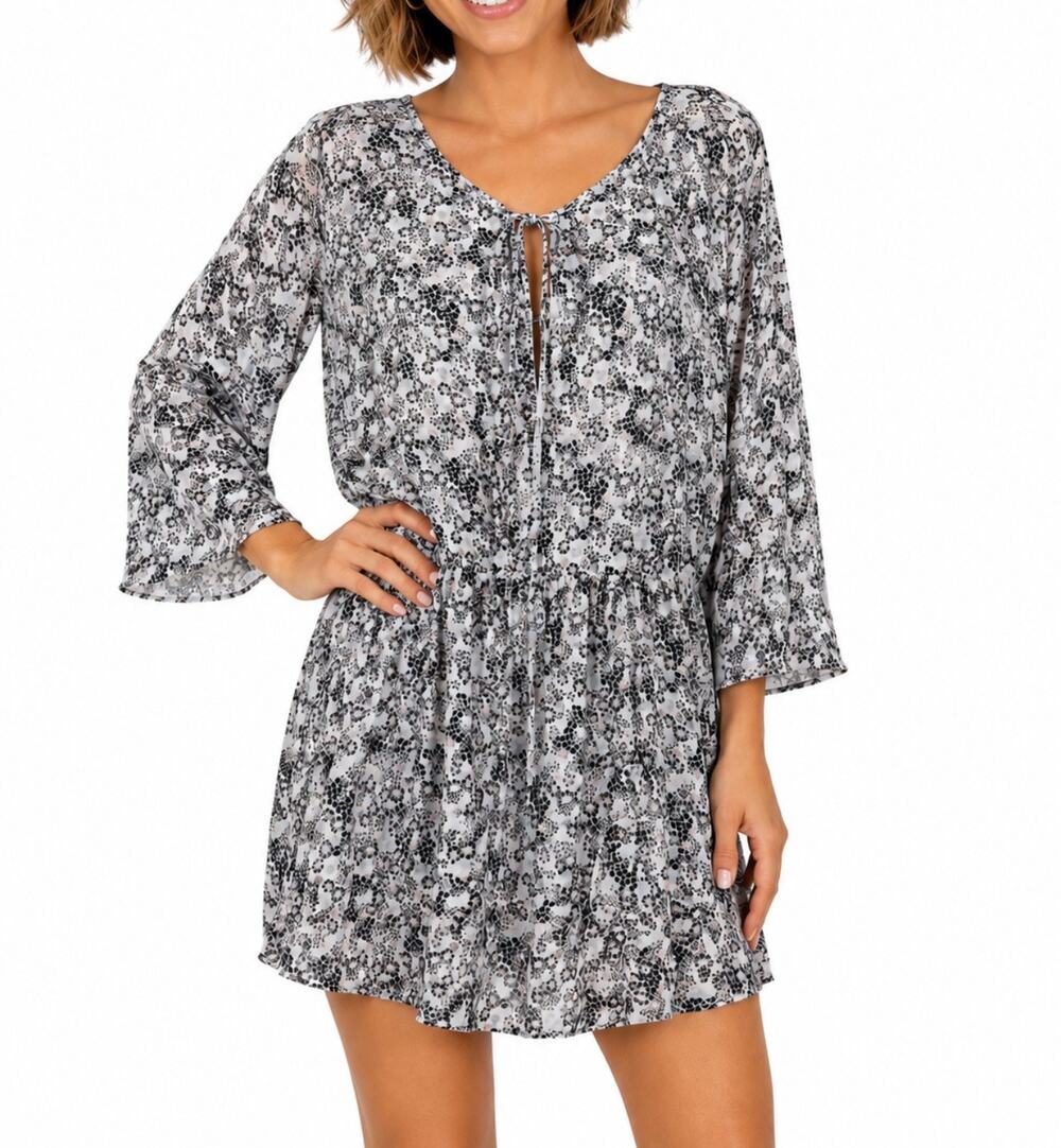 Sanctuary NWT Black White Floral Print Boho Bell Sleeve Mini Dress Large